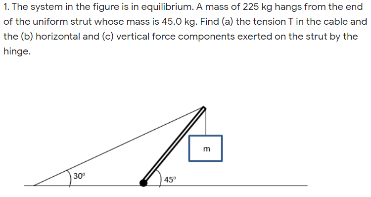 1. The system in the figure is in equilibrium. A mass of 225 kg hangs from the end
of the uniform strut whose mass is 45.0 kg. Find (a) the tension T in the cable and
the (b) horizontal and (c) vertical force components exerted on the strut by the
hinge.
m
30°
45°
