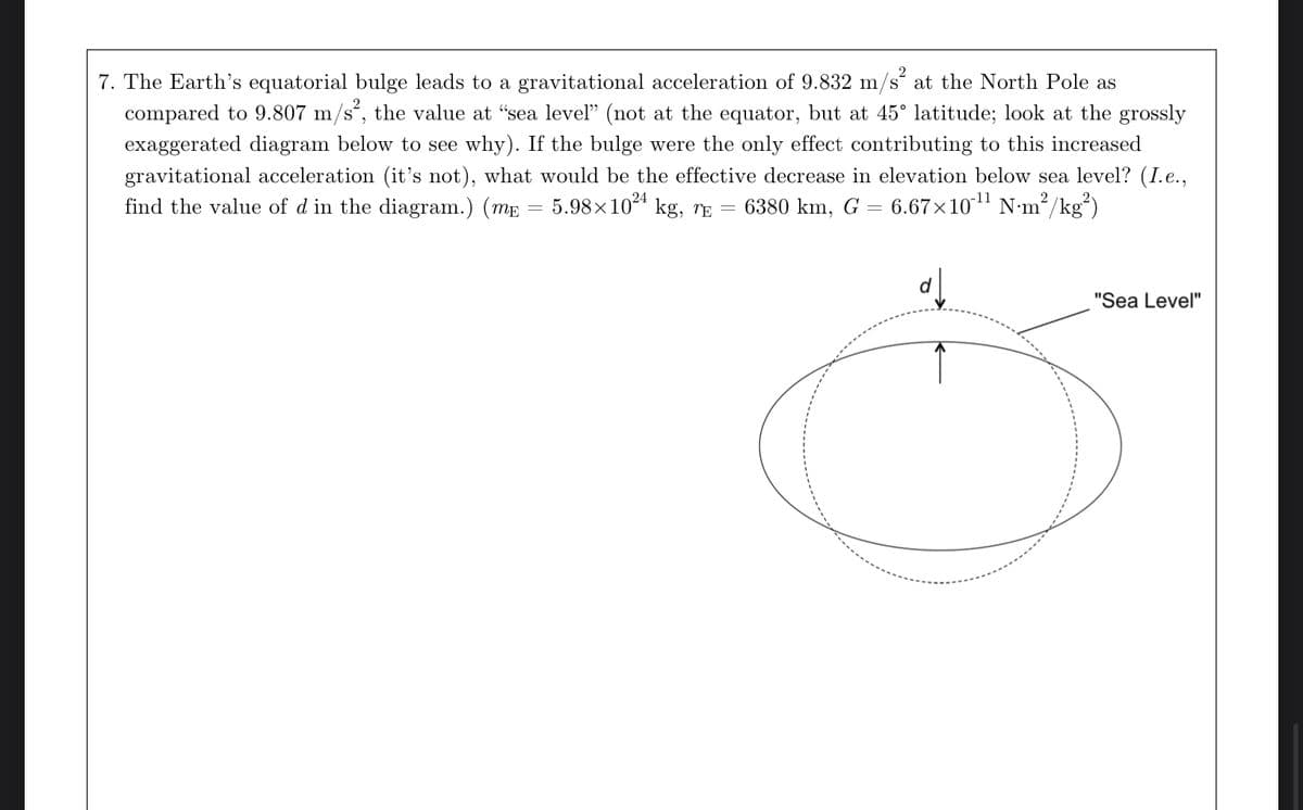 7. The Earth's equatorial bulge leads to a gravitational acceleration of 9.832 m/s² at the North Pole as
compared to 9.807 m/s², the value at “sea level" (not at the equator, but at 45° latitude; look at the grossly
exaggerated diagram below to see why). If the bulge were the only effect contributing to this increased
gravitational acceleration (it's not), what would be the effective decrease in elevation below sea level? (I.e.,
find the value of d in the diagram.) (mp = 5.98×10²4 kg, TE = 6380 km, G 6.67×10¹¹ N-m²/kg²)
ad
"Sea Level"