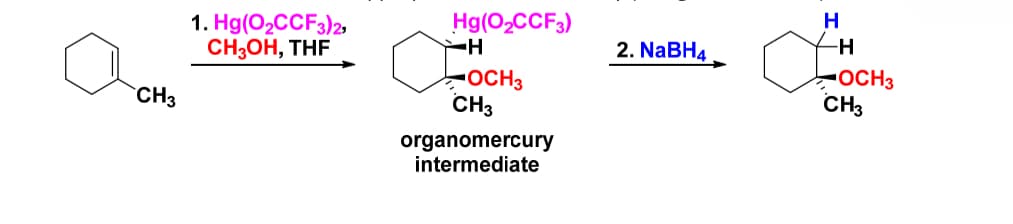 CH3
1. Hg(O₂CCF3)2,
CH3OH, THF
Hg(O₂CCF3)
H
OCH3
CH3
organomercury
intermediate
2. NaBH4
H
Œ
-H
OCH3
CH3