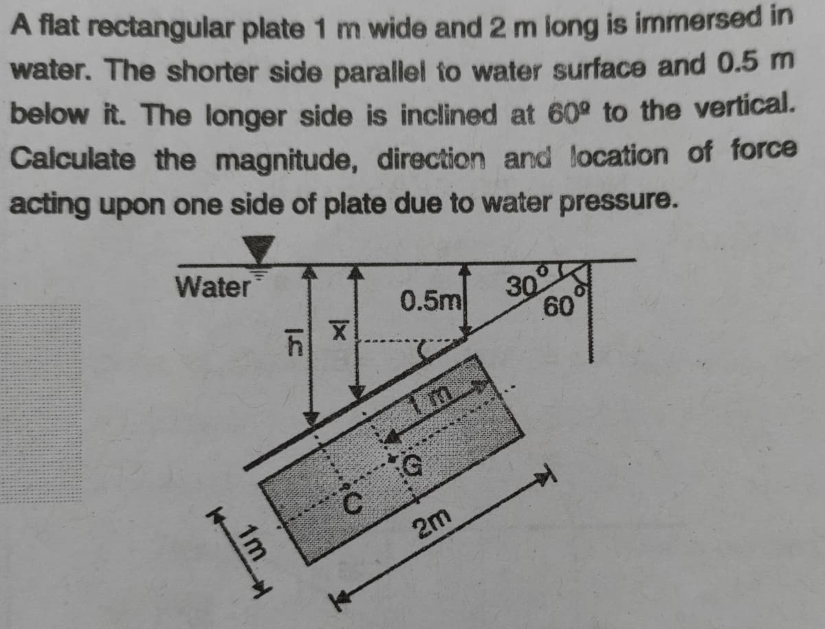 A flat rectangular plate 1 m wide and 2 m long is immersed in
water. The shorter side parallel to water surface and 0.5 m
below it. The longer side is inclined at 60° to the vertical.
Calculate the magnitude, direction and location of force
acting upon one side of plate due to water pressure.
Water
30
60
0.5m
2m
1m
