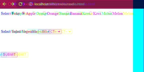 locatholicalhost:8080/menuraadio.htmlio.html
Select Fruitp Apple Orang Orange Banan Banana w Kiwi Melon Melon Melon
Select Salad Vegetable SELECT-CT-V
MISUBMIT BMIT