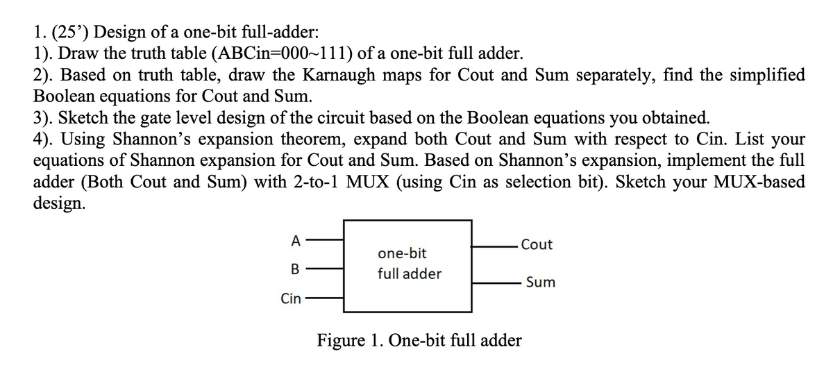 1. (25') Design of a one-bit full-adder:
1). Draw the truth table (ABCI%=000~111) of a one-bit full adder.
2). Based on truth table, draw the Karnaugh maps for Cout and Sum separately, find the simplified
Boolean equations for Cout and Sum.
3). Sketch the gate level design of the circuit based on the Boolean equations you obtained.
4). Using Shannon's expansion theorem, expand both Cout and Sum with respect to Cin. List your
equations of Shannon expansion for Cout and Sum. Based on Shannon's expansion, implement the full
adder (Both Cout and Sum) with 2-to-1 MUX (using Cin as selection bit). Sketch your MUX-based
design.
А
Cout
one-bit
В
full adder
Sum
Cin
Figure 1. One-bit full adder
