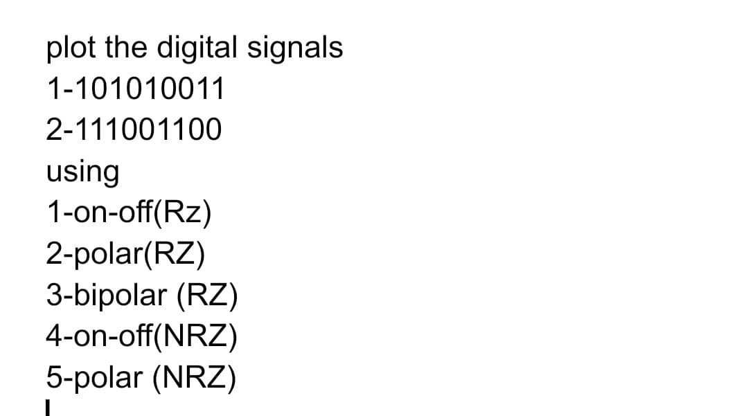 plot the digital signals
1-101010011
2-111001100
using
1-on-off(Rz)
2-polar(RZ)
3-bipolar (RZ)
4-on-off(NRZ)
5-polar (NRZ)
