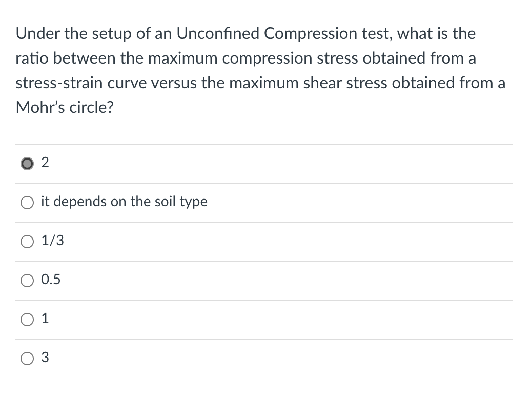 Under the setup of an Unconfined Compression test, what is the
ratio between the maximum compression stress obtained from a
stress-strain curve versus the maximum shear stress obtained from a
Mohr's circle?
O it depends on the soil type
1/3
0.5
O 1
