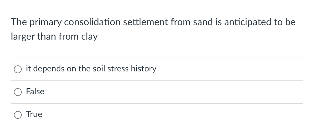 The primary consolidation settlement from sand is anticipated to be
larger than from clay
O it depends on the soil stress history
False
True
