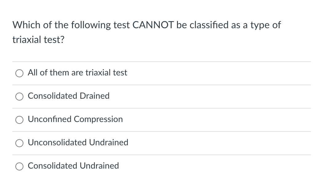 Which of the following test CANNOT be classified as a type of
triaxial test?
All of them are triaxial test
Consolidated Drained
O Unconfined Compression
O Unconsolidated Undrained
Consolidated Undrained
