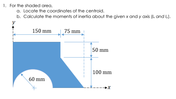 1. For the shaded area,
a. Locate the coordinates of the centroid.
b. Calculate the moments of inertia about the given x and y axis (kk and ly).
y
150 mm
75 mm
50 mm
100 mm
60 mm
