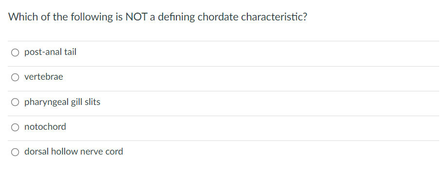 Which of the following is NOT a defining chordate characteristic?
O post-anal tail
O vertebrae
O pharyngeal gill slits
notochord
O dorsal hollow nerve cord
