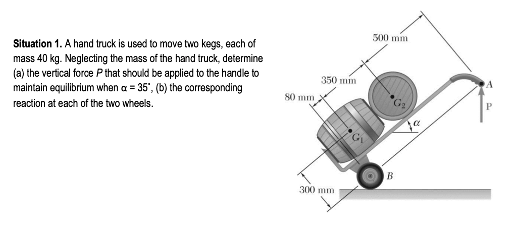 500 mm
Situation 1. A hand truck is used to move two kegs, each of
mass 40 kg. Neglecting the mass of the hand truck, determine
(a) the vertical force P that should be applied to the handle to
maintain equilibrium when a = 35', (b) the corresponding
350 mm
A
80 mm
reaction at each of the two wheels.
P.
В
300 mm
