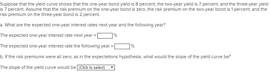 Suppose that the yield curve shows that the one-year bond yield is 8 percent, the two-year yield is 7 percent, and the three-year yield
is 7 percent. Assume that the risk premium on the one-year bond is zero, the risk premium on the two-year bond is 1 percent, and the
risk premium on the three-year bond is 2 percent.
a. What are the expected one-year interest rates next year and the following year?
The expected one-year interest rate next year =
The expected one-year interest rate the following year
b. If the risk premiums were all zero, as in the expectations hypothesis, what would the slope of the yield curve be?
The slope of the yield curve would be (Click to select)
%
%