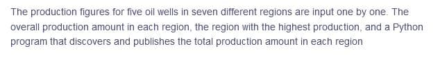 The production figures for five oil wells in seven different regions are input one by one. The
overall production amount in each region, the region with the highest production, and a Python
program that discovers and publishes the total production amount in each region

