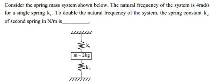 Consider the spring mass system shown below. The natural frequency of the system is 4rad/s
for a single spring k,. To double the natural frequency of the system, the spring constant k,
of second spring in N/m is
m = 2kg
