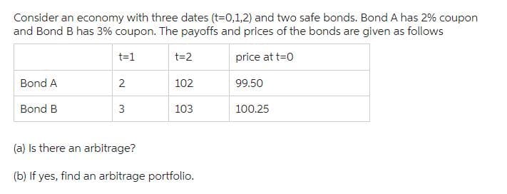 Consider an economy with three dates (t=0,1,2) and two safe bonds. Bond A has 2% coupon
and Bond B has 3% coupon. The payoffs and prices of the bonds are given as follows
price at t=0
99.50
Bond A
Bond B
t=1
2
3
t=2
102
103
(a) Is there an arbitrage?
(b) If yes, find an arbitrage portfolio.
100.25
