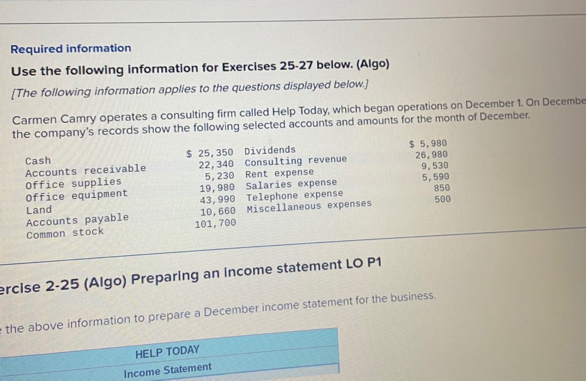 Required information
Use the following information for Exercises 25-27 below. (Algo)
[The following information applies to the questions displayed below.]
Carmen Camry operates a consulting firm called Help Today, which began operations on December 1. On Decembe
the company's records show the following selected accounts and amounts for the month of December.
Cash
$ 25, 350 Dividends
22,340 Consulting revenue
5, 230
19,980
43,990 Telephone expense
10,660 Miscellaneous expenses
$ 5,980
Accounts receivable
Office supplies
office equipment
26,980
Rent expense
Salaries expense
9,530
5,590
850
Land
Accounts payable
500
Common stock
101, 700
ercise 2-25 (Algo) Preparing an Income statement LO P1
e the above information to prepare a December income statement for the business.
HELP TODAY
Income Statement
