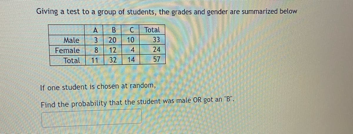 Giving a test to a group of students, the grades and gender are summarized below
A B
C
3 20 10
8
12
4
Total 11 32
Male
Female
Total
33
24
57
If one student is chosen at random,
Find the probability that the student was male OR got an "B".