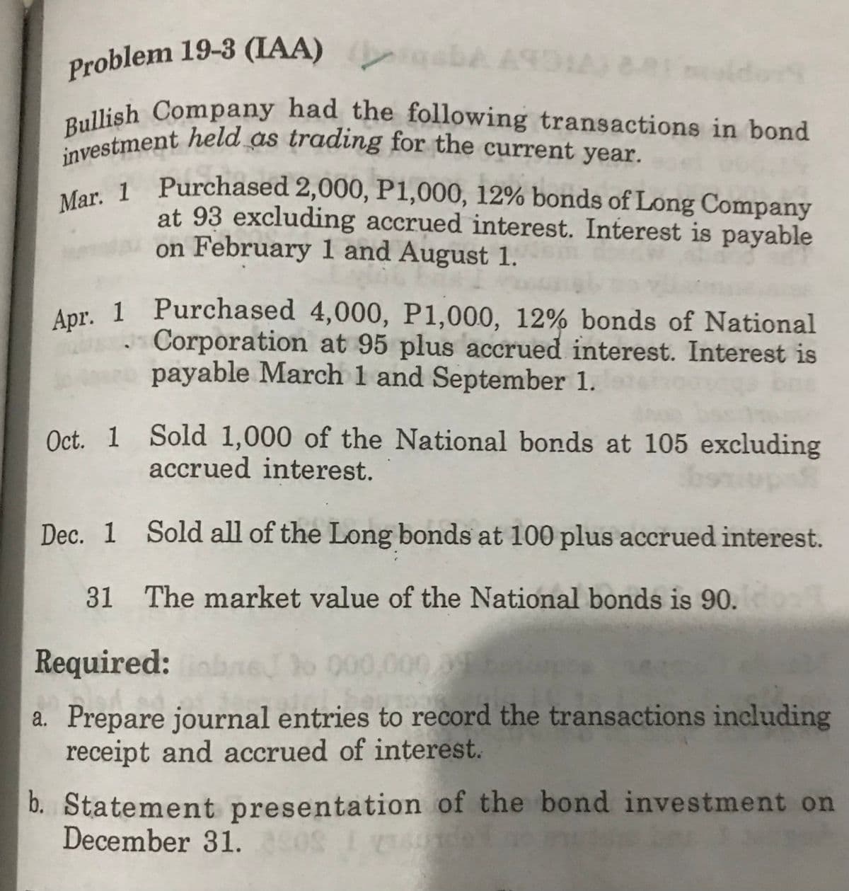 Problem 19-3 (IAA) abA ANDIA
8
Bullish Company had the following transactions in bond
investment held as trading for the current year.
Mar. 1 Purchased 2,000, P1,000, 12% bonds of Long Company
at 93 excluding accrued interest. Interest is payable
on February 1 and August 1.
Apr. 1 Purchased 4,000, P1,000, 12% bonds of National
Corporation at 95 plus accrued interest. Interest is
payable March 1 and September 1.
Oct. 1 Sold 1,000 of the National bonds at 105 excluding
accrued interest.
Dec. 1 Sold all of the Long bonds at 100 plus accrued interest.
31 The market value of the National bonds is 90.
Required: 6
to 000,000
%o 000,000.3 boxpos
a. Prepare journal entries to record the transactions including
receipt and accrued of interest.
b. Statement presentation of the bond investment on
December 31. 50% i el no