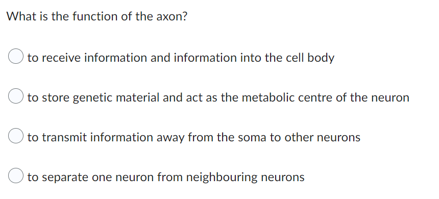 What is the function of the axon?
to receive information and information into the cell body
O to store genetic material and act as the metabolic centre of the neuron
O to transmit information away from the soma to other neurons
O to separate one neuron from neighbouring neurons