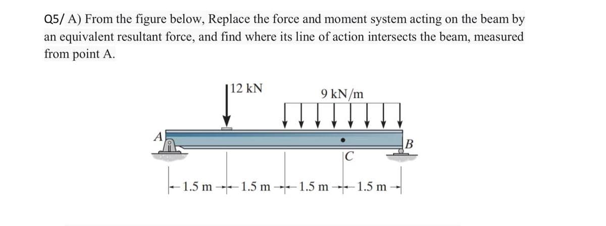 Q5/A) From the figure below, Replace the force and moment system acting on the beam by
an equivalent resultant force, and find where its line of action intersects the beam, measured
from point A.
-1.5 m
1.5
112 kN
9 kN/m
m 1.5 m →1.5 m 1.5 m
B