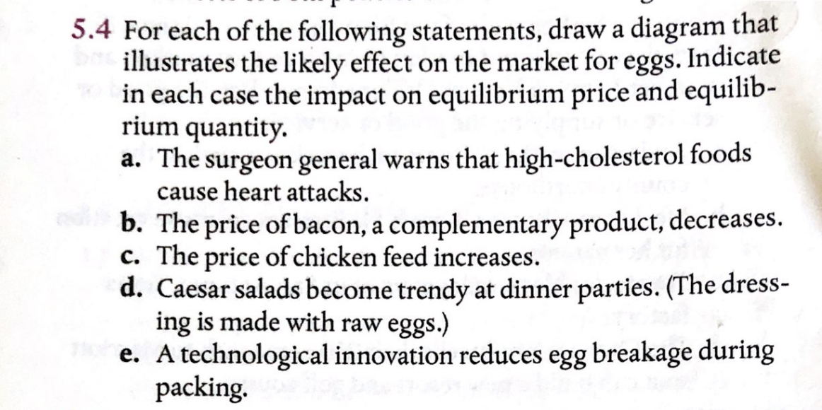 5.4 For each of the following statements, draw a diagram that
illustrates the likely effect on the market for eggs. Indicate
in each case the impact on equilibrium price and equilib-
rium quantity.
a. The surgeon general warns that high-cholesterol foods
cause heart attacks.
b. The price of bacon, a complementary product, decreases.
c. The price of chicken feed increases.
d. Caesar salads become trendy at dinner parties. (The dress-
ing is made with raw eggs.)
e. A technological innovation reduces egg breakage during
packing.