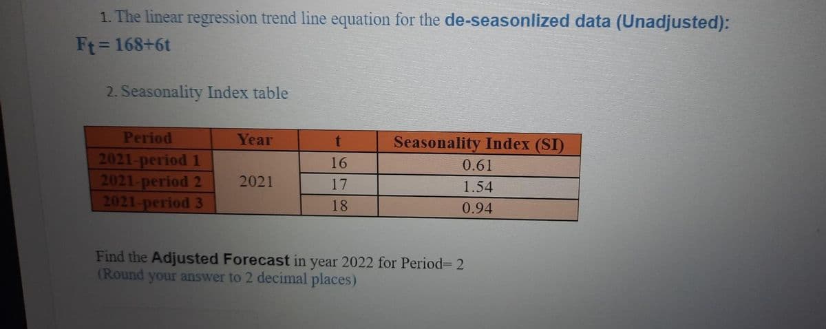 1. The linear regression trend line equation for the de-seasonlized data (Unadjusted):
Ft= 168+6t
2. Seasonality Index table
Period
Year
Seasonality Index (SI)
2021-period 1
2021-period 2
2021-period 3
16
0.61
2021
17
1.54
18
0.94
Find the Adjusted Forecast in year 2022 for Period= 2
(Round your answer to 2 decimal places)
