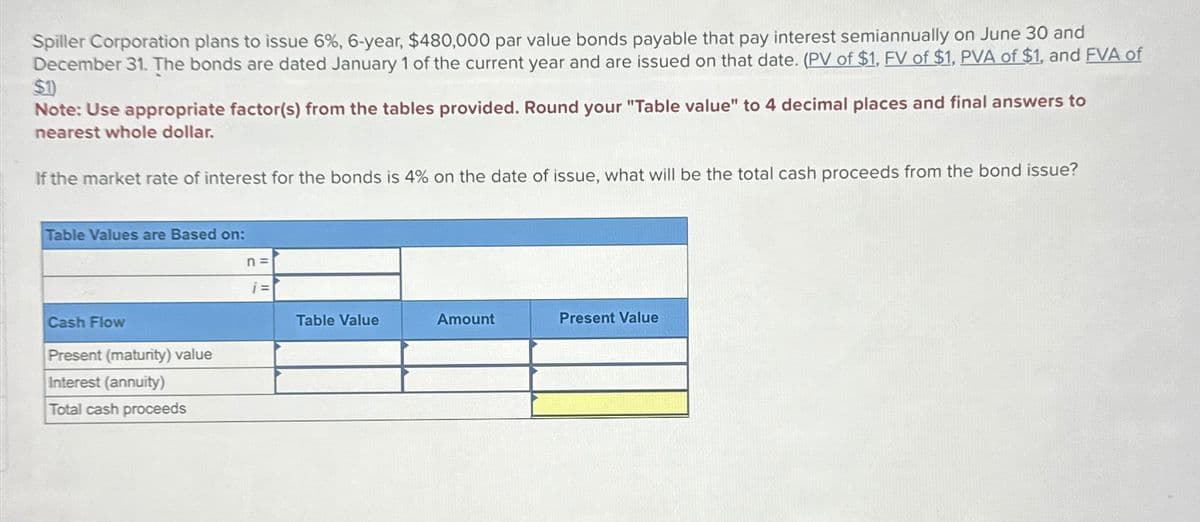 Spiller Corporation plans to issue 6%, 6-year, $480,000 par value bonds payable that pay interest semiannually on June 30 and
December 31. The bonds are dated January 1 of the current year and are issued on that date. (PV of $1, FV of $1, PVA of $1, and FVA of
$1)
Note: Use appropriate factor(s) from the tables provided. Round your "Table value" to 4 decimal places and final answers to
nearest whole dollar.
If the market rate of interest for the bonds is 4% on the date of issue, what will be the total cash proceeds from the bond issue?
Table Values are Based on:
Cash Flow
Present (maturity) value
Interest (annuity)
Total cash proceeds
n=
i=
Table Value
Amount
Present Value