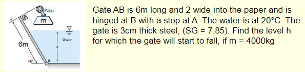 OPuley
Gate AB is 6m long and 2 wide into the paper and is
hinged at B with a stop at A. The water is at 20°C. The
gate is 3cm thick steel, (SG = 7.85). Find the level h
for which the gate will start to fall, if m = 4000kg
m
Water
6m
