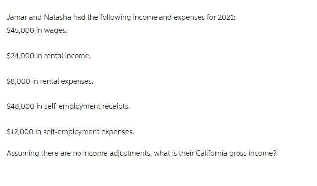 Jamar and Natasha had the following income and expenses for 2021:
$45,000 in wages.
$24,000 in rental income.
$8,000 in rental expenses.
$48,000 in self-employment receipts.
$12,000 in self-employment expenses.
Assuming there are no income adjustments, what is their California gross income?