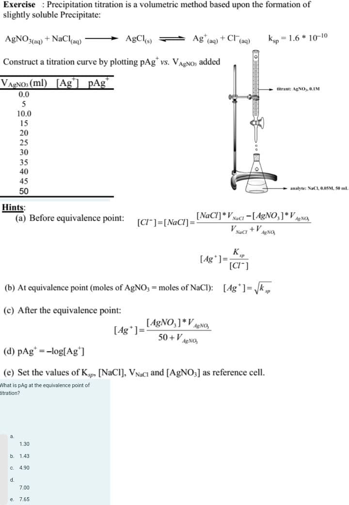 Exercise Precipitation titration is a volumetric method based upon the formation of
slightly soluble Precipitate:
AgNO3(aq) + NaCl(aq)
AgCl(s)
Construct a titration curve by plotting pAg vs. VAgNO, added
VAgNO3 (ml) [Ag¹] pAg*
0.0
5
10.0
15
Hints:
20
25
30
a
35
40
45
50
oo
(a) Before equivalence point:
d.
b. 1.43
1.30
K sp
[CI]
(b) At equivalence point (moles of AgNO3 = moles of NaCl): [Ag*]=√ksp
(c) After the equivalence point:
Ag (aq)
4.90
[CI]=[NaCl] =
7.00
e. 7.65
[Ag*] =
(d) pAg = -log[Ag*]
(e) Set the values of Ksp, [NaC1], VNaCI and [AgNO3] as reference cell.
What is pAg at the equivalence point of
titration?
+ Cr
[AgNO3]*VA AgNO,
50+ V
AgNO,
(aq)
[Ag] =
ksp
[NaCl]*V Naci -[AgNO3]*VA AgNO₂
V Naci+V AgNO,
= 1.6 10-10
titrant: AgNO3, 0.IM
analyte: NaC1, 0.05M, 50 ml