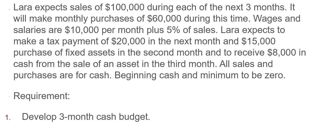 1.
Lara expects sales of $100,000 during each of the next 3 months. It
will make monthly purchases of $60,000 during this time. Wages and
salaries are $10,000 per month plus 5% of sales. Lara expects to
make a tax payment of $20,000 in the next month and $15,000
purchase of fixed assets in the second month and to receive $8,000 in
cash from the sale of an asset in the third month. All sales and
purchases are for cash. Beginning cash and minimum to be zero.
Requirement:
Develop 3-month cash budget.