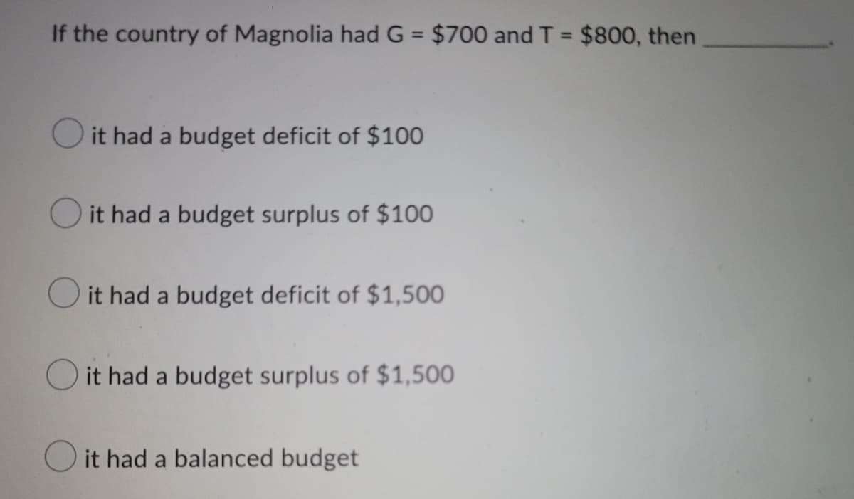 If the country of Magnolia had G = $700 and T = $800, then
O it had a budget deficit of $100
O it had a budget surplus of $100
O it had a budget deficit of $1,500
O it had a budget surplus of $1,500
O it had a balanced budget