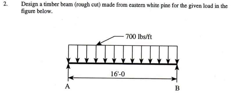 2.
Design a timber beam (rough cut) made from eastern white pine for the given load in the
figure below.
700 lbs/ft
16'-0
A
В
