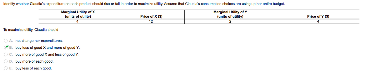 Identify whether Claudia's expenditure on each product should rise or fall in order to maximize utility. Assume that Claudia's consumption choices are using up her entire budget.
Marginal Utility of X
(units of utility)
Marginal Utility of Y
(units of utility)
2
Price of X ($)
Price of Y ($)
4
12
4
To maximize utility, Claudia should
O A. not change her expenditures.
O B. buy less of good X and more of good Y.
O C. buy more of good X and less of good Y.
O D. buy more of each good.
O E. buy less of each good.
