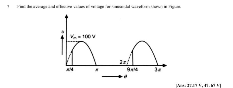 7
Find the average and effective values of voltage for sinusoidal waveform shown in Figure.
Vm = 100 V
2x
x14
9714
[Ans: 27.17 V, 47. 67 V]
