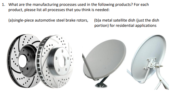 1. What are the manufacturing processes used in the following products? For each
product, please list all processes that you think is needed:
(a)single-piece automotive steel brake rotors,
(b)a metal satellite dish (just the dish
portion) for residential applications