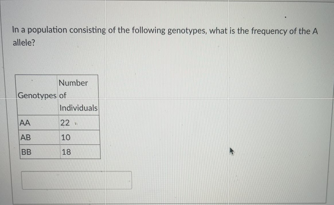 In a population consisting of the following genotypes, what is the frequency of the A
allele?
Genotypes of
AA
AB
Number
BB
Individuals
22
10
18