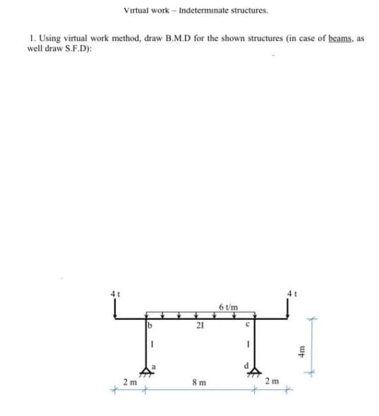 Vırtual work – Indeterminate structures.
1. Using virtual work method, draw B.M.D for the shown structures (in case of beams, as
well draw S.F.D):
4t
4t
6 t/m
21
早
2 m
8 m
2 m
