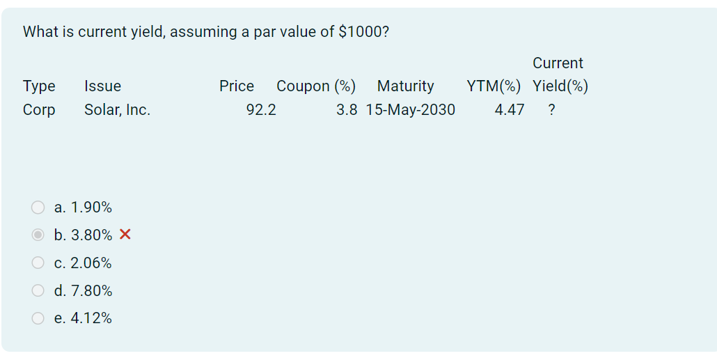 What is current yield, assuming a par value of $1000?
Type Issue
Corp
Solar, Inc.
a. 1.90%
b. 3.80% X
c. 2.06%
d. 7.80%
e. 4.12%
Price Coupon (%) Maturity
92.2
3.8 15-May-2030
Current
YTM(%) Yield (%)
4.47 ?