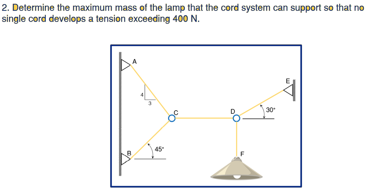 2. Determine the maximum mass of the lamp that the cord system can support so that no
single cord develops a tension exceeding 400 N.
A
E
4
30°
45°
B
F
