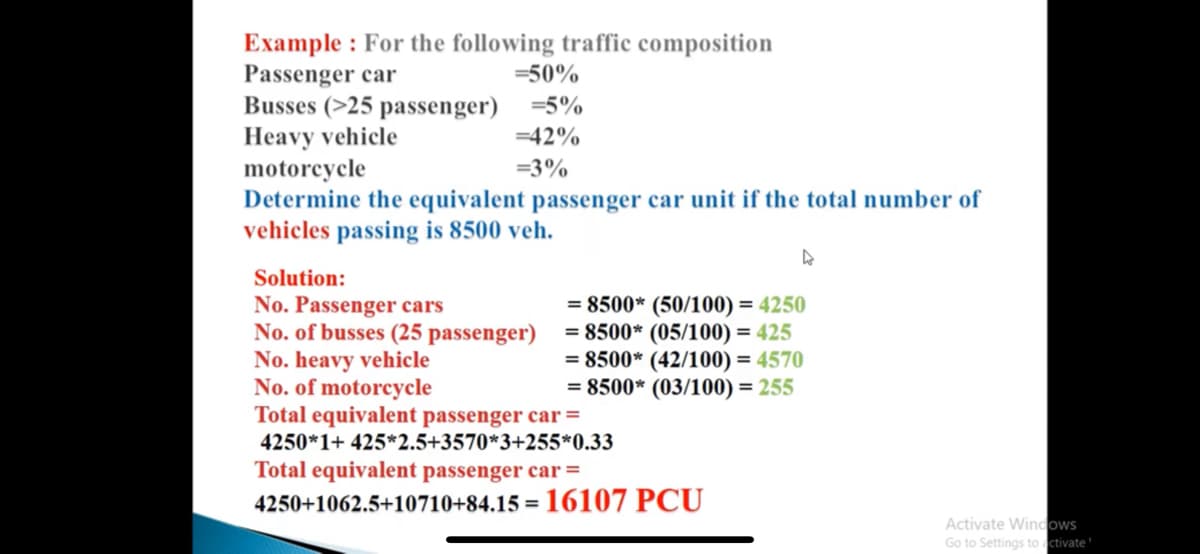 Example : For the following traffic composition
Passenger car
Busses (>25 passenger) =5%
Heavy vehicle
motorcycle
Determine the equivalent passenger car unit if the total number of
vehicles passing is 8500 veh.
=50%
=42%
=3%
Solution:
No. Passenger cars
No. of busses (25 passenger)
No. heavy vehicle
No. of motorcycle
Total equivalent passenger car =
= 8500* (50/100) = 4250
= 8500* (05/100) = 425
= 8500* (42/100) = 4570
= 8500* (03/100) = 255
4250*1+ 425*2.5+3570*3+255*0.33
Total equivalent passenger car =
4250+1062.5+10710+84.15 = 16107 PCU
Activate Windows
Go to Settings to activate
