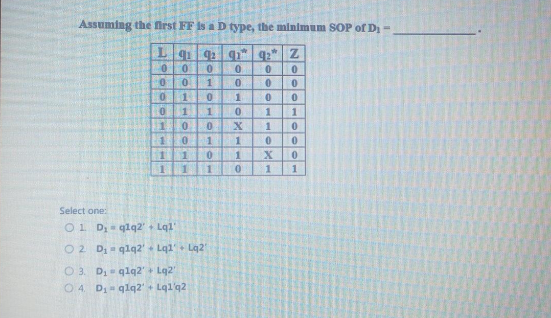 Assuming the first FF is a D type, the minimum SOP of D₁ =.
91 92 91
42*
0 0
1
0
1
0
X
1
1 X
0
1
LOOOO----
1
1
20010030
1
TOLOL
=
0
0
1
1
1
1
Select one:
O 1 D₁ q1q2' + Lq1¹
O2 D₁ q1q2' + Lq1' + Lq2'
3. D₁-q1q2' + Lq2'
4. D₁-q1q2' + Lq1'q2
LOT
0
000
NOOOHOOO
--
110X
داد
0
1