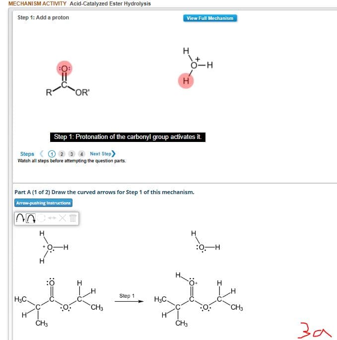 MECHANISM ACTIVITY Acid-Catalyzed Ester Hydrolysis
Step 1: Add a proton
'OR'
AOC XI
H3C.
+OH
Step 1: Protonation of the carbonyl group activates it.
Steps <
2 3 4 Next Step>
Watch all steps before attempting the question parts.
CH3
Part A (1 of 2) Draw the curved arrows for Step 1 of this mechanism.
Arrow-pushing Instructions
CH3
Step 1
View Full Mechanism
H₂C
H
\+
H
H
O-H
|
CH3
:0 H
CH3
за
