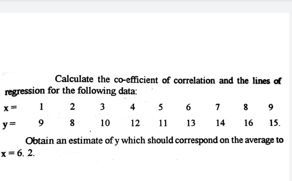Calculate the co-efficient of correlation and the lines of
regression for the following data:
X=
1
2
3
4
5
7
8
10
12
11
13
14
16
15.
y=
Obtain an estimate of y which should correspond on the average to
x= 6. 2.
