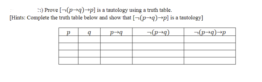 5) Prove [¬(p→q)→p] is a tautology using a truth table.
[Hints: Complete the truth table below and show that [¬(p→q)→p] is a tautology]
p→q
¬(p→q)
¬(p→q)→p
