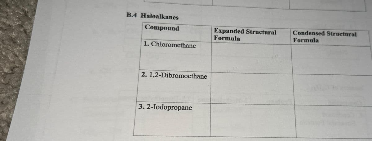 B.4 Haloalkanes
Compound
1. Chloromethane
2. 1,2-Dibromoethane
3. 2-Iodopropane
Expanded Structural
Formula
Condensed Structural
Formula