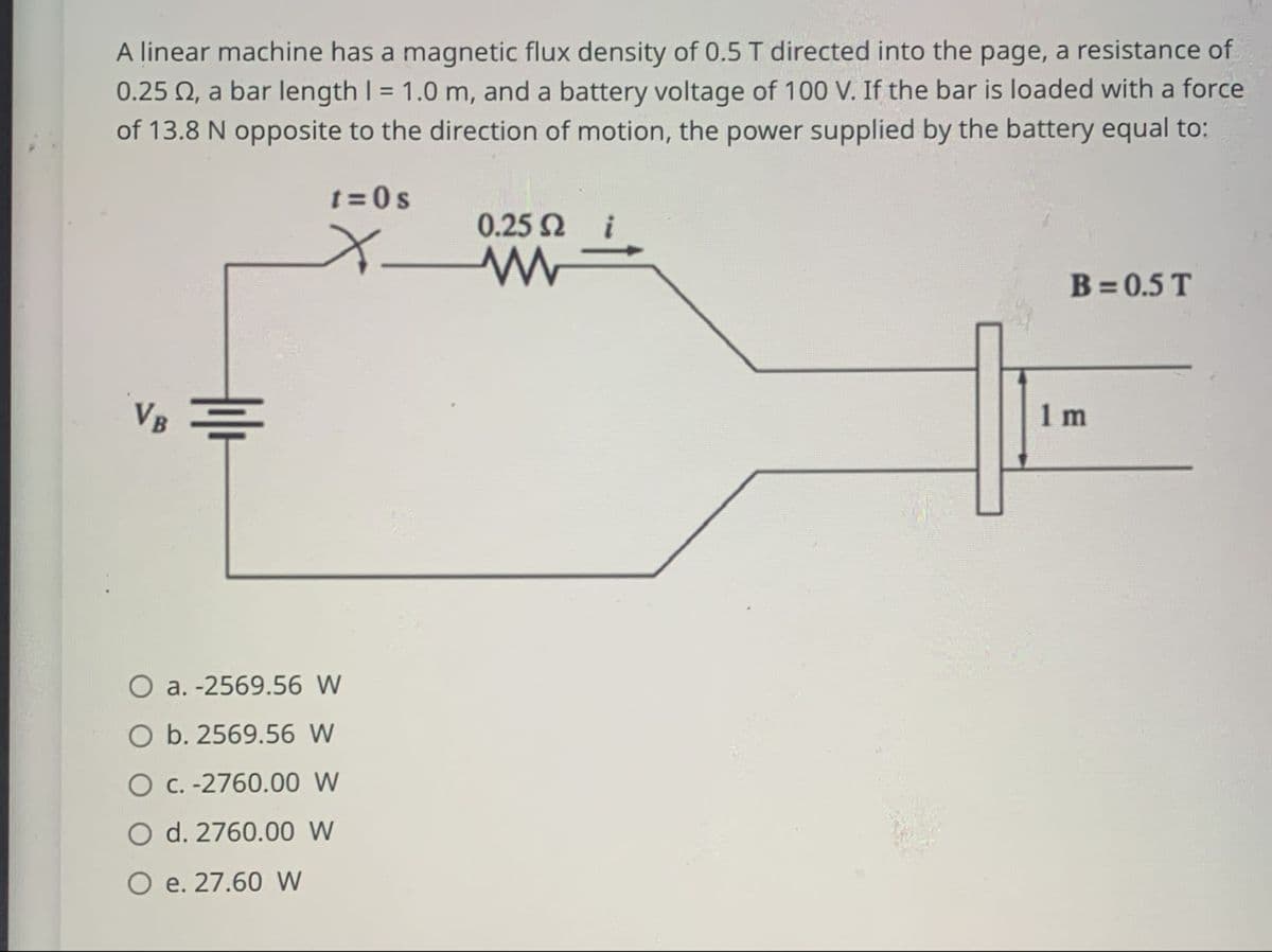 A linear machine has a magnetic flux density of 0.5 T directed into the page, a resistance of
0.25, a bar length I = 1.0 m, and a battery voltage of 100 V. If the bar is loaded with a force
of 13.8 N opposite to the direction of motion, the power supplied by the battery equal to:
t=0s
Х-
0.25 Ω
www
B = 0.5 T
VB =
a. -2569.56 W
O b. 2569.56 W
O c. -2760.00 W
O d. 2760.00 W
O e. 27.60 W
1 m