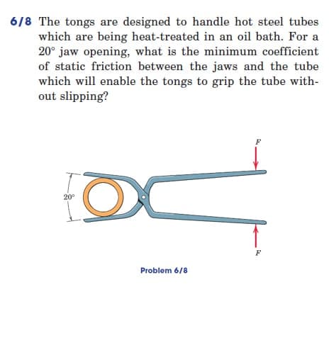 6/8 The tongs are designed to handle hot steel tubes
which are being heat-treated in an oil bath. For a
20° jaw opening, what is the minimum coefficient
of static friction between the jaws and the tube
which will enable the tongs to grip the tube with-
out slipping?
O
F
20⁰
Problem 6/8