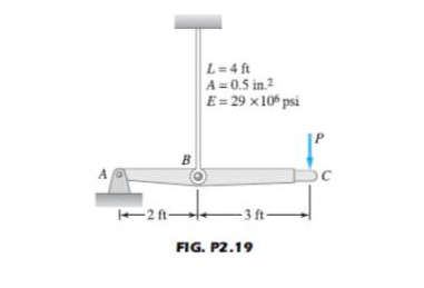 L=4 ft
A=0.5 in.?
E=29 x 10 psi
P.
B
A
2 ftle
-3 ft-
FIG. P2.19
