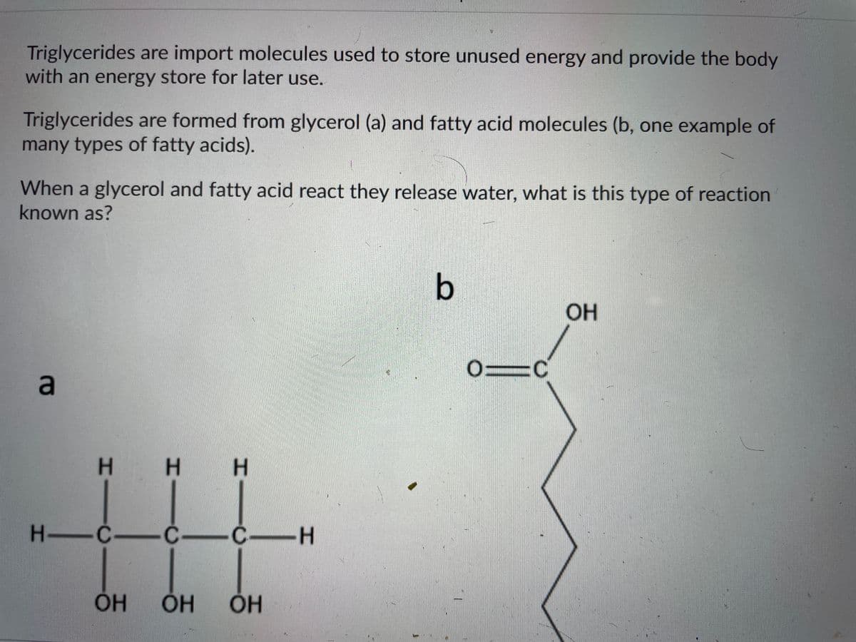 Triglycerides are import molecules used to store unused energy and provide the body
with an energy store for later use.
Triglycerides are formed from glycerol (a) and fatty acid molecules (b, one example of
many types of fatty acids).
When a glycerol and fatty acid react they release water, what is this type of reaction
known as?
a
H H
H—
H—C—C
OH
I——
C-H
OH OH
Cladi
b
O
OH