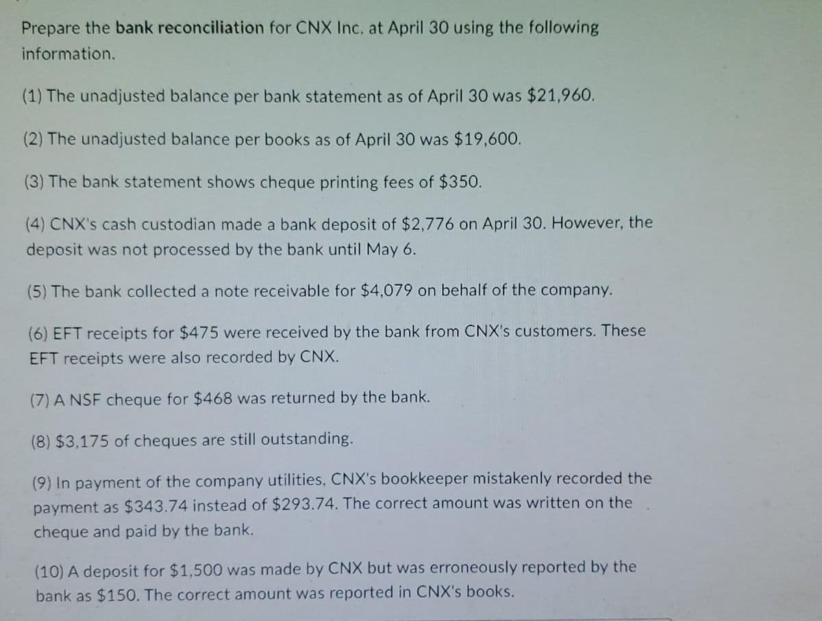 Prepare the bank reconciliation for CNX Inc. at April 30 using the following
information.
(1) The unadjusted balance per bank statement as of April 30 was $21,960.
(2) The unadjusted balance per books as of April 30 was $19,600.
(3) The bank statement shows cheque printing fees of $350.
(4) CNX's cash custodian made a bank deposit of $2,776 on April 30. However, the
deposit was not processed by the bank until May 6.
(5) The bank collected a note receivable for $4,079 on behalf of the company.
(6) EFT receipts for $475 were received by the bank from CNX's customers. These
EFT receipts were also recorded by CNX.
(7) A NSF cheque for $468 was returned by the bank.
(8) $3,175 of cheques are still outstanding.
(9) In payment of the company utilities, CNX's bookkeeper mistakenly recorded the
payment as $343.74 instead of $293.74. The correct amount was written on the
cheque and paid by the bank.
(10) A deposit for $1,500 was made by CNX but was erroneously reported by the
bank as $150. The correct amount was reported in CNX's books.
