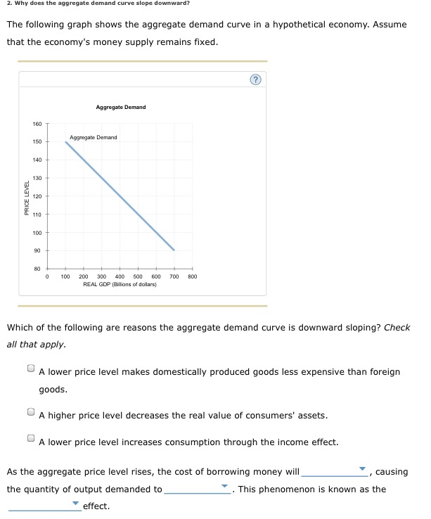 2. Why does the aggregate demand curve slope downward?
The following graph shows the aggregate demand curve in a hypothetical economy. Assume
that the economy's money supply remains fixed.
PRICE LEVEL
160
150
140
130
120
110
100
90
80
Aggregate Demand
Aggregate Demand
0 100
200 300 400 500 600 700 800
REAL GDP (Billions of dollars)
Which of the following are reasons the aggregate demand curve is downward sloping? Check
all that apply.
A lower price level makes domestically produced goods less expensive than foreign
goods.
A higher price level decreases the real value of consumers' assets.
A lower price level increases consumption through the income effect.
As the aggregate price level rises, the cost of borrowing money will
the quantity of output demanded to
effect.
causing
This phenomenon is known as the